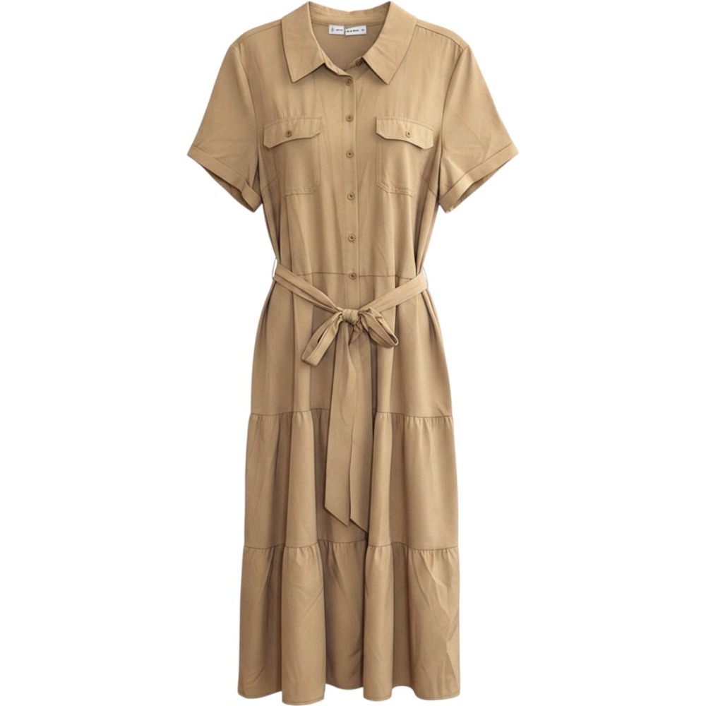 Lucky Brand Tan Belted Tiered Midi Button Down Shirtdress Short Sleeve 2X Modest